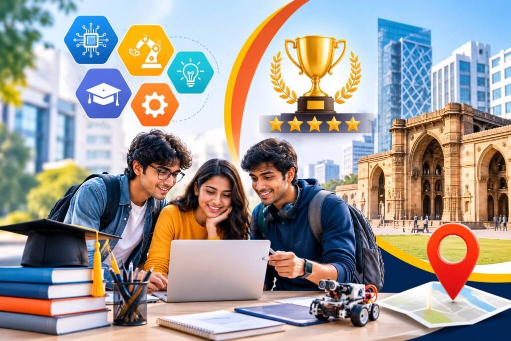 Students walking on a modern engineering university campus in Ahmedabad with academic buildings, graduation caps, technology icons, books, laptops, and engineering symbols representing top B.Tech colleges in 2026.