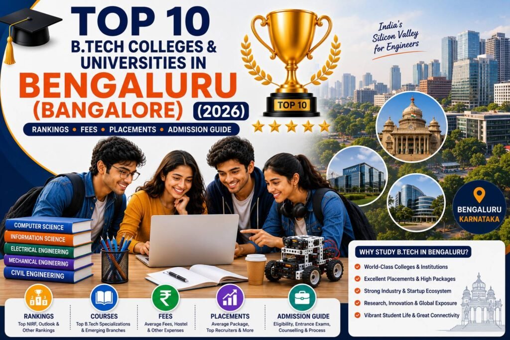 Engineering students walking through a modern university campus in Bengaluru (Bangalore) with iconic academic buildings, graduation caps, laptops, robotics, artificial intelligence icons, circuit boards, books, and engineering symbols representing the top B.Tech colleges and universities in 2026.