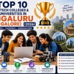 Engineering students walking through a modern university campus in Bengaluru (Bangalore) with iconic academic buildings, graduation caps, laptops, robotics, artificial intelligence icons, circuit boards, books, and engineering symbols representing the top B.Tech colleges and universities in 2026.