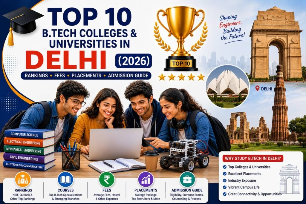 Engineering students walking through a modern university campus in Delhi with iconic academic buildings, graduation caps, laptops, robotics, artificial intelligence icons, circuit boards, books, and engineering symbols representing the top B.Tech colleges and universities in 2026.
