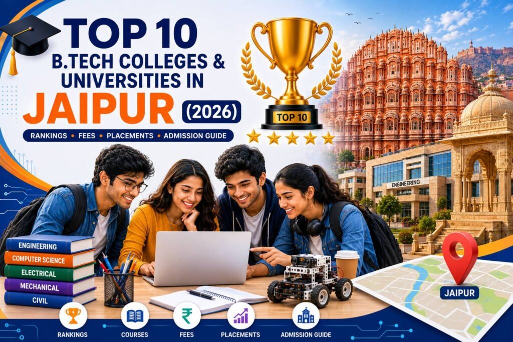 Engineering students walking through a modern university campus in Jaipur with academic buildings, graduation caps, laptops, robotics, artificial intelligence icons, circuit boards, books, and engineering symbols representing the top B.Tech colleges in 2026.