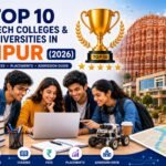 Engineering students walking through a modern university campus in Jaipur with academic buildings, graduation caps, laptops, robotics, artificial intelligence icons, circuit boards, books, and engineering symbols representing the top B.Tech colleges in 2026.