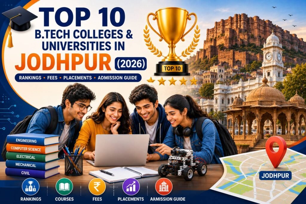 Engineering students walking through a modern university campus in Jodhpur with contemporary academic buildings, graduation caps, laptops, robotics, artificial intelligence icons, circuit boards, books, and engineering symbols representing the top B.Tech colleges in 2026.