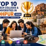 Engineering students walking through a modern university campus in Jodhpur with contemporary academic buildings, graduation caps, laptops, robotics, artificial intelligence icons, circuit boards, books, and engineering symbols representing the top B.Tech colleges in 2026.