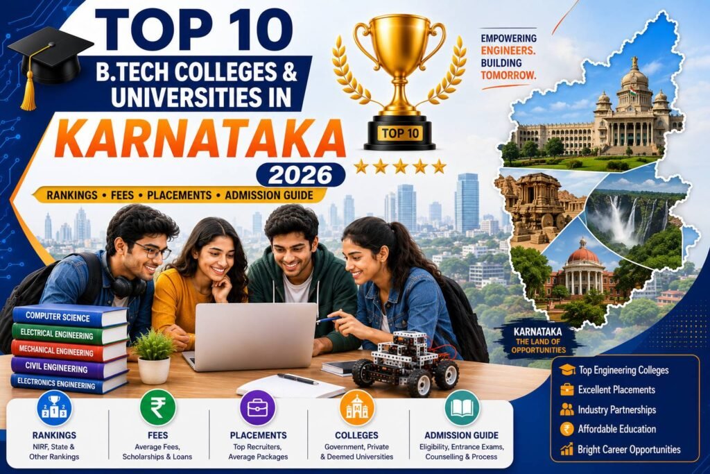 Engineering students walking through a modern university campus in Karnataka with world-class academic buildings, graduation caps, laptops, robotics, artificial intelligence icons, circuit boards, books, and engineering symbols representing the top B.Tech colleges and universities in 2026.
