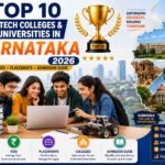 Engineering students walking through a modern university campus in Karnataka with world-class academic buildings, graduation caps, laptops, robotics, artificial intelligence icons, circuit boards, books, and engineering symbols representing the top B.Tech colleges and universities in 2026.