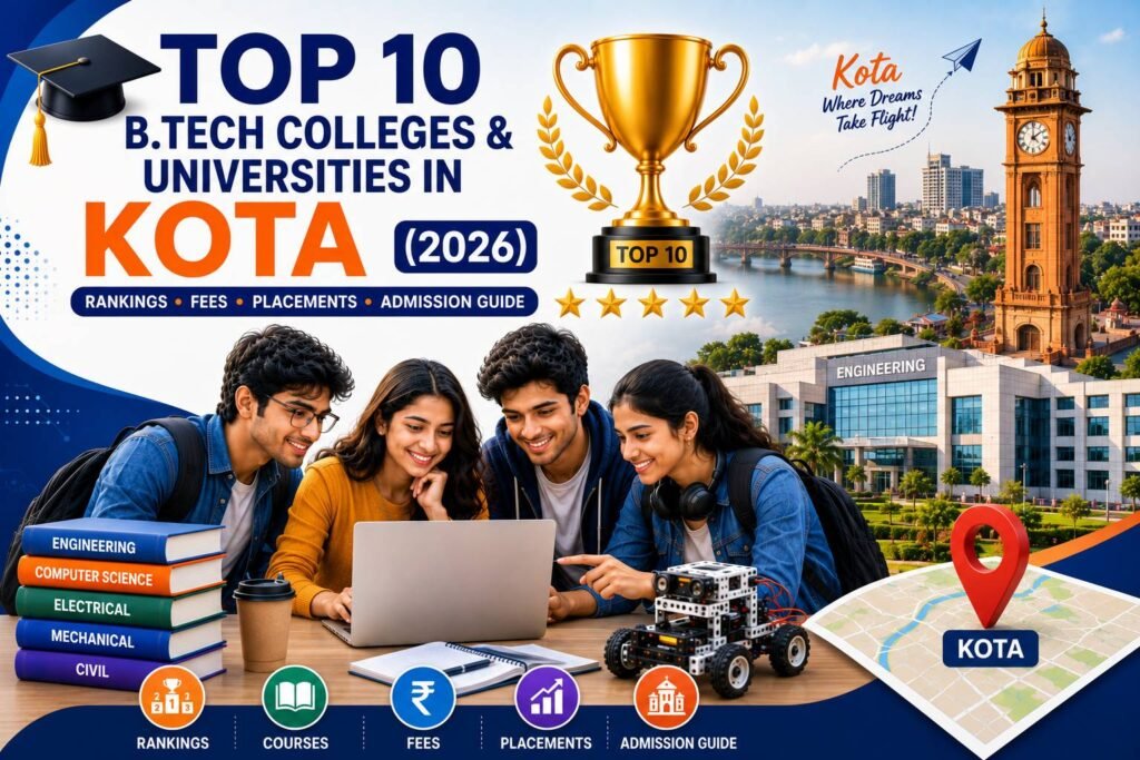 Engineering students walking through a modern university campus in Kota with academic buildings, graduation caps, laptops, robotics, artificial intelligence icons, circuit boards, books, and engineering symbols representing the top B.Tech colleges in 2026.