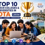 Engineering students walking through a modern university campus in Kota with academic buildings, graduation caps, laptops, robotics, artificial intelligence icons, circuit boards, books, and engineering symbols representing the top B.Tech colleges in 2026.