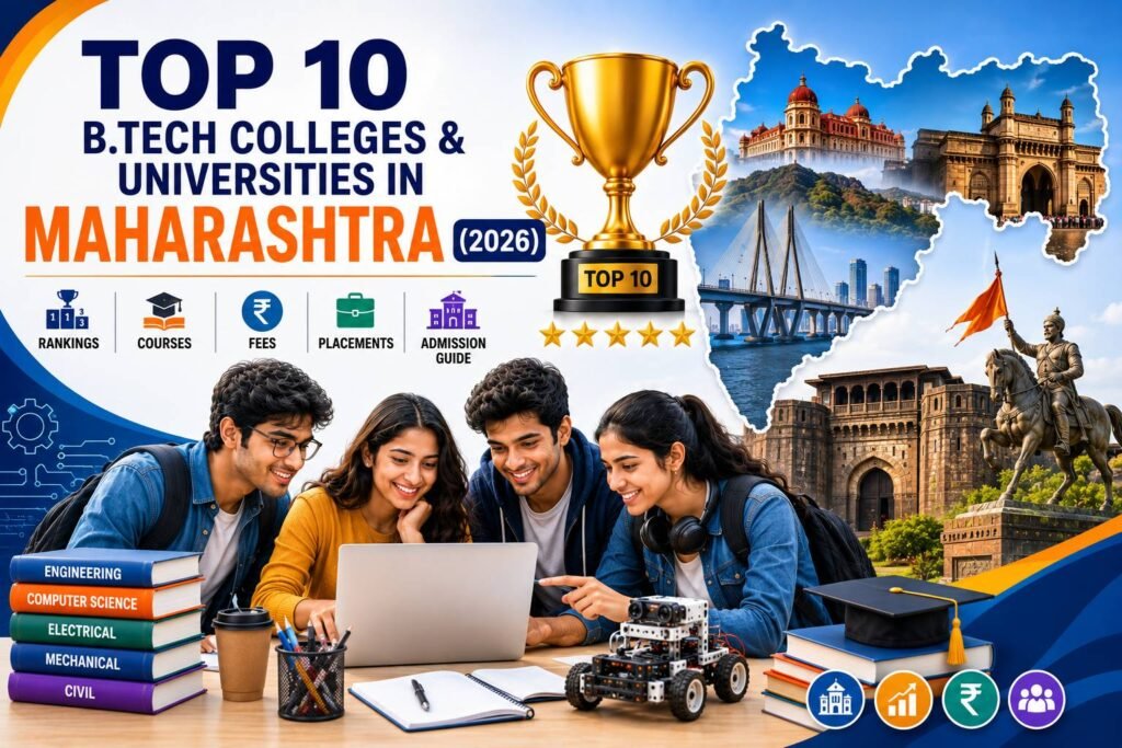 Engineering students walking through a modern university campus in Maharashtra with iconic academic buildings, graduation caps, laptops, robotics, artificial intelligence icons, circuit boards, books, and engineering symbols representing the top B.Tech colleges and universities in 2026.