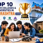 Engineering students walking through a modern university campus in Maharashtra with iconic academic buildings, graduation caps, laptops, robotics, artificial intelligence icons, circuit boards, books, and engineering symbols representing the top B.Tech colleges and universities in 2026.