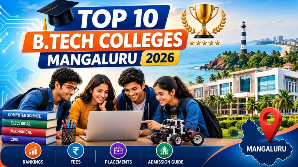 Engineering students walking through a modern university campus in Mangaluru with academic buildings, graduation caps, laptops, robotics, artificial intelligence icons, circuit boards, books, and engineering symbols representing the top B.Tech colleges and universities in 2026.
