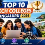 Engineering students walking through a modern university campus in Mangaluru with academic buildings, graduation caps, laptops, robotics, artificial intelligence icons, circuit boards, books, and engineering symbols representing the top B.Tech colleges and universities in 2026.