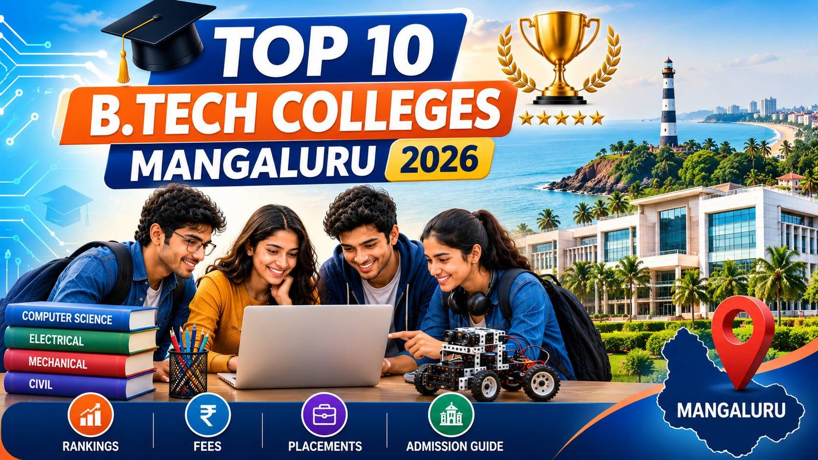Engineering students walking through a modern university campus in Mangaluru with academic buildings, graduation caps, laptops, robotics, artificial intelligence icons, circuit boards, books, and engineering symbols representing the top B.Tech colleges and universities in 2026.