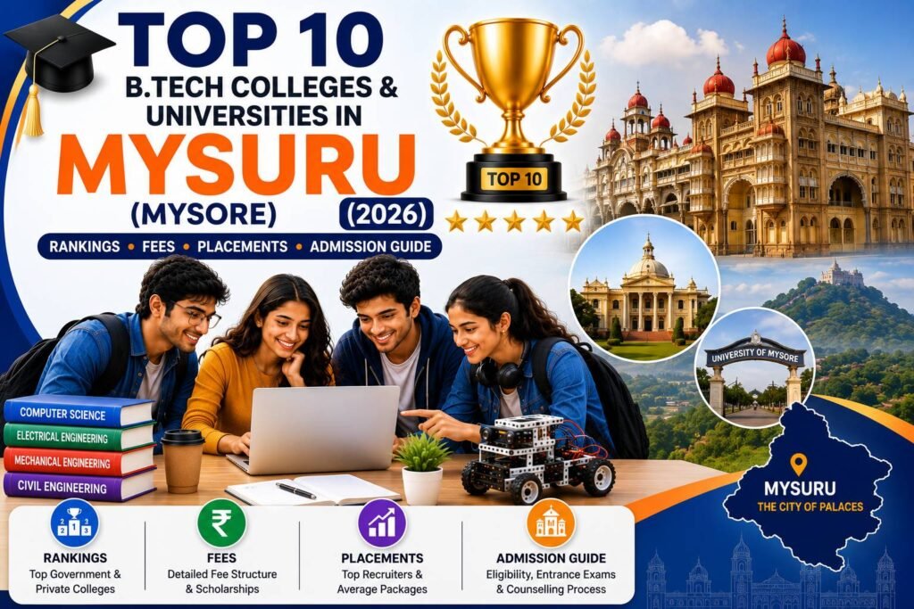 Engineering students walking through a modern university campus in Mysuru (Mysore) with academic buildings, graduation caps, laptops, robotics, artificial intelligence icons, circuit boards, books, and engineering symbols representing the top B.Tech colleges and universities in 2026.