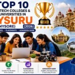 Engineering students walking through a modern university campus in Mysuru (Mysore) with academic buildings, graduation caps, laptops, robotics, artificial intelligence icons, circuit boards, books, and engineering symbols representing the top B.Tech colleges and universities in 2026.