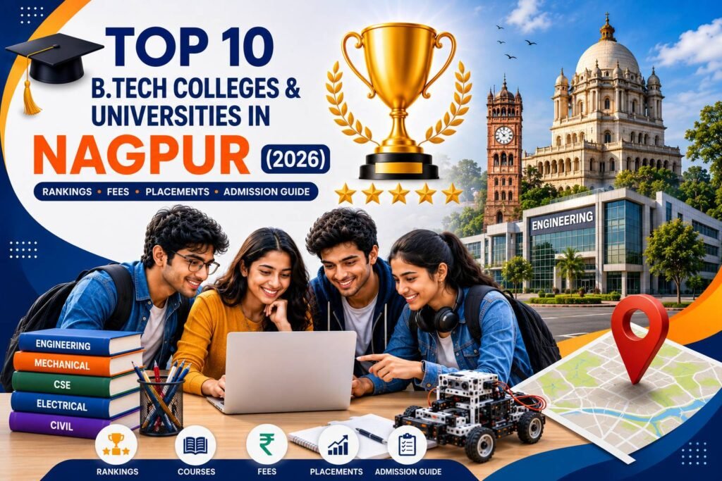 Engineering students walking through a modern university campus in Nagpur with academic buildings, graduation caps, laptops, robotics, artificial intelligence icons, circuit boards, books, and engineering symbols representing the top B.Tech colleges in 2026.