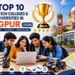 Engineering students walking through a modern university campus in Nagpur with academic buildings, graduation caps, laptops, robotics, artificial intelligence icons, circuit boards, books, and engineering symbols representing the top B.Tech colleges in 2026.