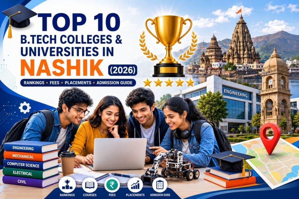 Engineering students walking through a modern university campus in Nashik with academic buildings, graduation caps, laptops, robotics, AI technology icons, circuit boards, books, and engineering symbols representing the top B.Tech colleges in 2026.