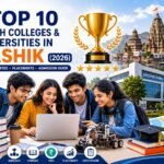 Engineering students walking through a modern university campus in Nashik with academic buildings, graduation caps, laptops, robotics, AI technology icons, circuit boards, books, and engineering symbols representing the top B.Tech colleges in 2026.