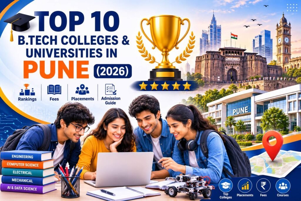 Engineering students walking through a modern university campus in Pune with academic buildings, graduation caps, laptops, robotics, AI technology icons, circuit boards, and engineering symbols representing the top B.Tech colleges in 2026.