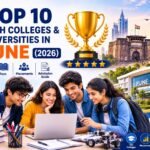 Engineering students walking through a modern university campus in Pune with academic buildings, graduation caps, laptops, robotics, AI technology icons, circuit boards, and engineering symbols representing the top B.Tech colleges in 2026.