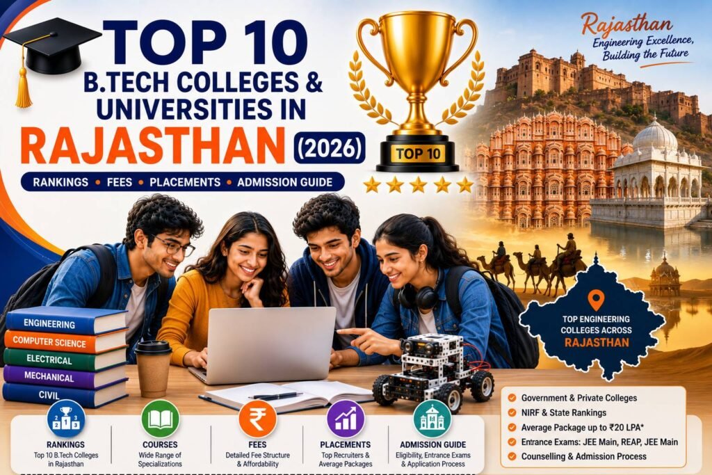 Engineering students walking through a modern university campus in Rajasthan with iconic academic buildings, graduation caps, laptops, robotics, artificial intelligence icons, circuit boards, books, and engineering symbols representing the top B.Tech colleges and universities in 2026.