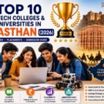 Engineering students walking through a modern university campus in Rajasthan with iconic academic buildings, graduation caps, laptops, robotics, artificial intelligence icons, circuit boards, books, and engineering symbols representing the top B.Tech colleges and universities in 2026.