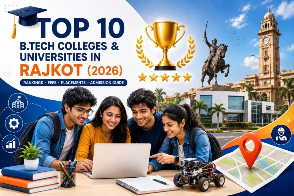 Engineering students walking through a modern university campus in Rajkot with academic buildings, graduation caps, laptops, robotics, artificial intelligence icons, books, and engineering symbols representing the top B.Tech colleges in 2026.