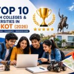 Engineering students walking through a modern university campus in Rajkot with academic buildings, graduation caps, laptops, robotics, artificial intelligence icons, books, and engineering symbols representing the top B.Tech colleges in 2026.