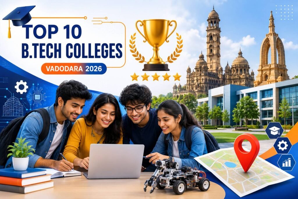 Engineering students walking across a modern university campus in Vadodara with academic buildings, graduation caps, laptops, robotics, AI technology icons, books, and engineering symbols representing the top B.Tech colleges in 2026.
