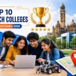 Engineering students walking across a modern university campus in Vadodara with academic buildings, graduation caps, laptops, robotics, AI technology icons, books, and engineering symbols representing the top B.Tech colleges in 2026.