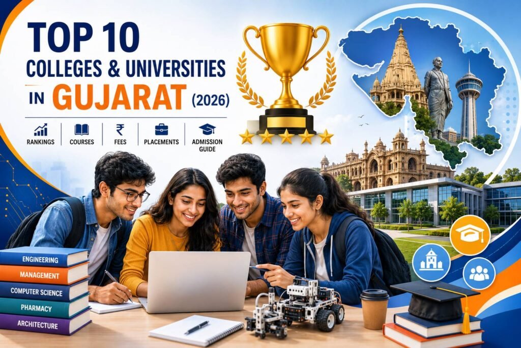 Students walking through a modern university campus in Gujarat with academic buildings, graduation caps, books, laptops, AI technology, engineering symbols, and diverse students representing the top colleges and universities in Gujarat for 2026.