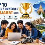 Students walking through a modern university campus in Gujarat with academic buildings, graduation caps, books, laptops, AI technology, engineering symbols, and diverse students representing the top colleges and universities in Gujarat for 2026.