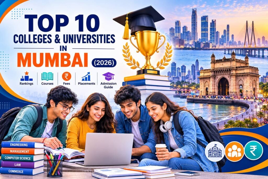 Students walking through a modern university campus in Mumbai with iconic academic buildings, graduation caps, laptops, books, AI technology icons, engineering and business education symbols representing the top colleges and universities in Mumbai for 2026.