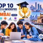 Students walking through a modern university campus in Mumbai with iconic academic buildings, graduation caps, laptops, books, AI technology icons, engineering and business education symbols representing the top colleges and universities in Mumbai for 2026.