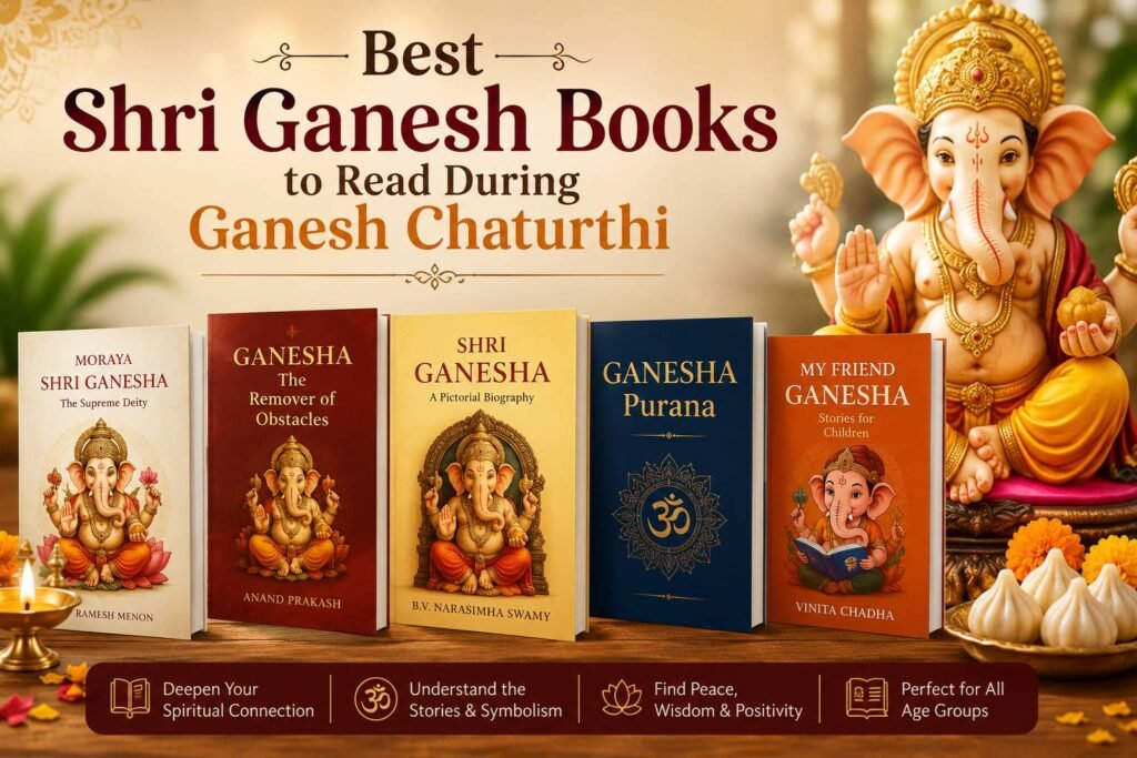 Collection of Shri Ganesh books, Ganesh Purana, devotional scriptures, and spiritual reading materials placed beside a Lord Ganesha idol during Ganesh Chaturthi.