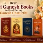 Collection of Shri Ganesh books, Ganesh Purana, devotional scriptures, and spiritual reading materials placed beside a Lord Ganesha idol during Ganesh Chaturthi.