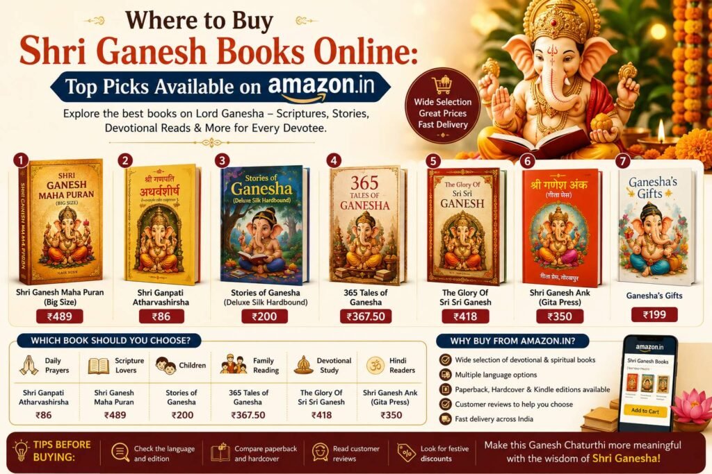 A collection of Shri Ganesh books, Ganesh Purana, Ganesh Chalisa, devotional scriptures, and children's books displayed beside a Lord Ganesha idol for online shopping.