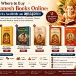 A collection of Shri Ganesh books, Ganesh Purana, Ganesh Chalisa, devotional scriptures, and children's books displayed beside a Lord Ganesha idol for online shopping.