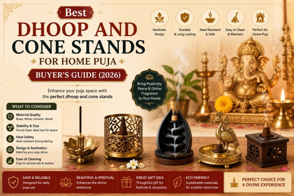 Traditional brass and ceramic dhoop and incense cone stands placed in a home temple with a diya, flowers, and puja accessories for daily worship.