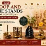 Traditional brass and ceramic dhoop and incense cone stands placed in a home temple with a diya, flowers, and puja accessories for daily worship.