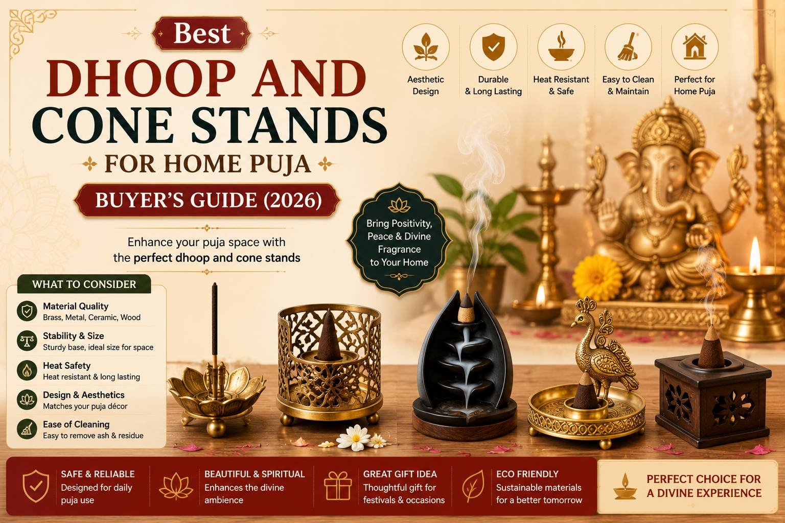 Traditional brass and ceramic dhoop and incense cone stands placed in a home temple with a diya, flowers, and puja accessories for daily worship.
