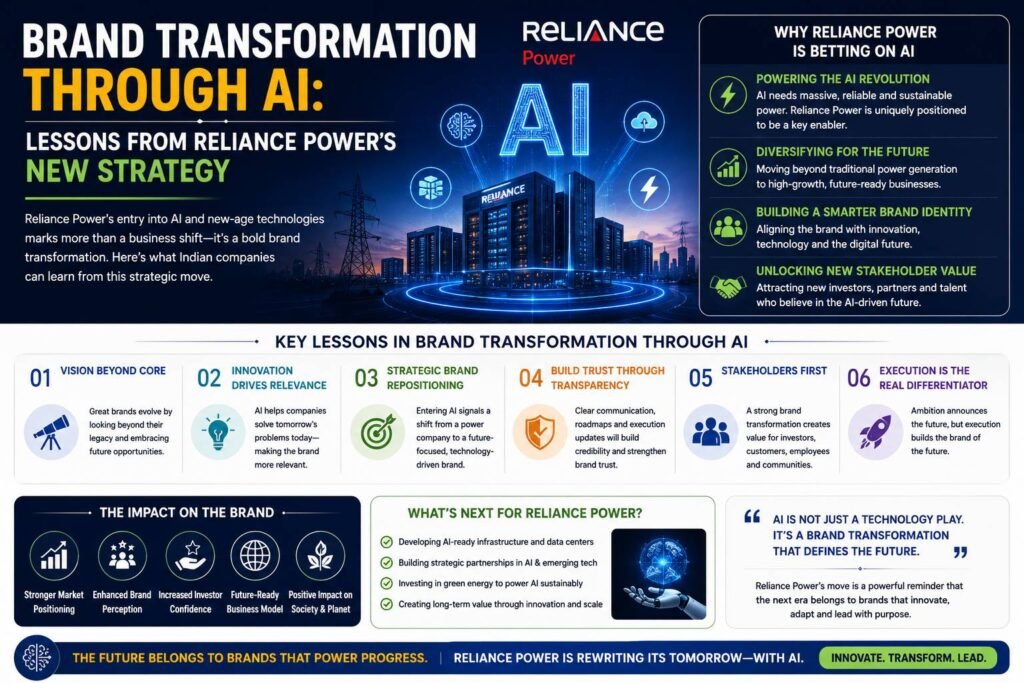 Business executives presenting an AI-driven brand transformation strategy with data analytics, digital infrastructure, renewable energy, and corporate growth insights inspired by Reliance Power's AI expansion.