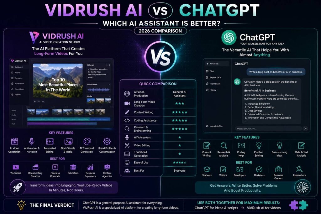 Comparison of VidRush AI and ChatGPT showing AI-powered video creation, content generation, writing assistance, and productivity features on a modern workspace.