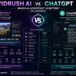 Comparison of VidRush AI and ChatGPT showing AI-powered video creation, content generation, writing assistance, and productivity features on a modern workspace.