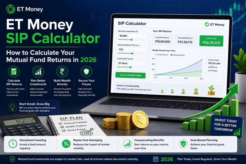 Investor using the ET Money SIP Calculator on a laptop to estimate mutual fund SIP returns, future investment value, and wealth creation through compounding.