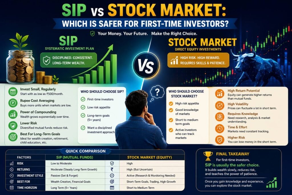 First-time investor comparing SIP mutual funds and direct stock market investments using financial charts, portfolio analysis, and risk assessment tools.