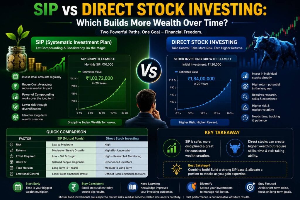 First-time investor comparing SIP mutual funds and direct stock market investments using financial charts, portfolio analysis, and risk assessment tools.