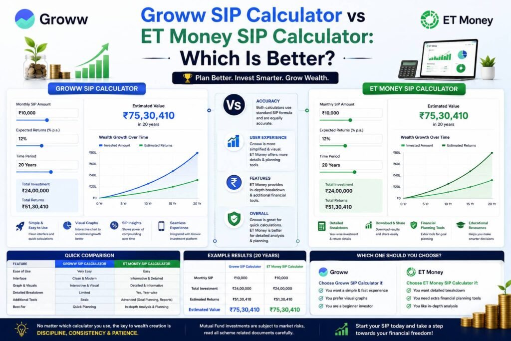 Comparison of the Groww SIP Calculator and ET Money SIP Calculator showing mutual fund return estimates, SIP growth charts, investment planning tools, and financial projections.