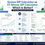 Comparison of the Groww SIP Calculator and ET Money SIP Calculator showing mutual fund return estimates, SIP growth charts, investment planning tools, and financial projections.